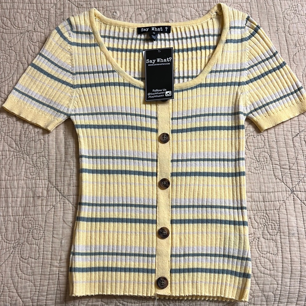 Say What? Medium NY Striped Yellow/Ivory/Blue-Gray Shirt/Blouse